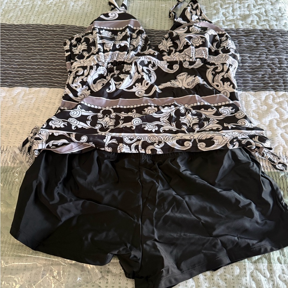 Women's Black & White Printed Tankini with Black Swim Shorts